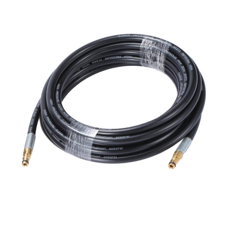 Black high-pressure water hose loop with two quick-connect couplings and copper fittings.
