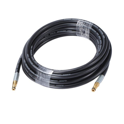 Black high-pressure water hose loop with two quick-connect couplings and copper fittings.
