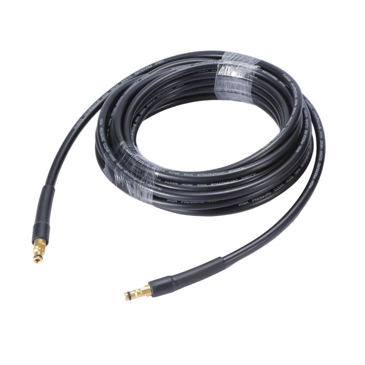 Black high-pressure water hose coil with one quick-connect coupler and copper fitting.
