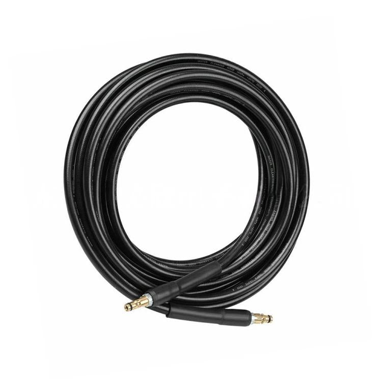 Black high-pressure hose with two quick-connect couplers and copper-tipped connectors.