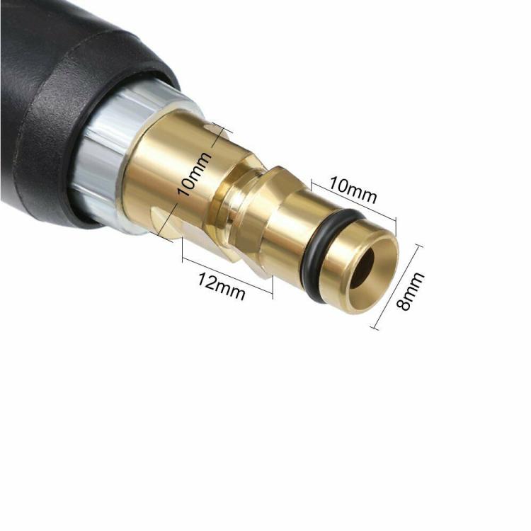 Copper quick-connect fitting on black hose end with brass collar and rubber seal.
