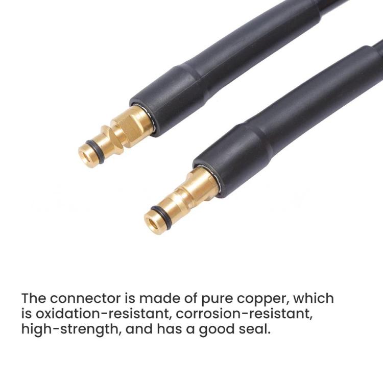 Two quick-connect hose tips with copper cores and brass collars on black tubing.