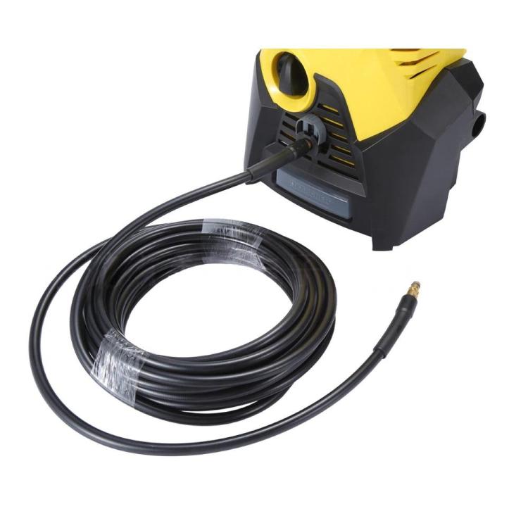 Black high-pressure hose loop with copper quick-connect ends and pressure washer gun.