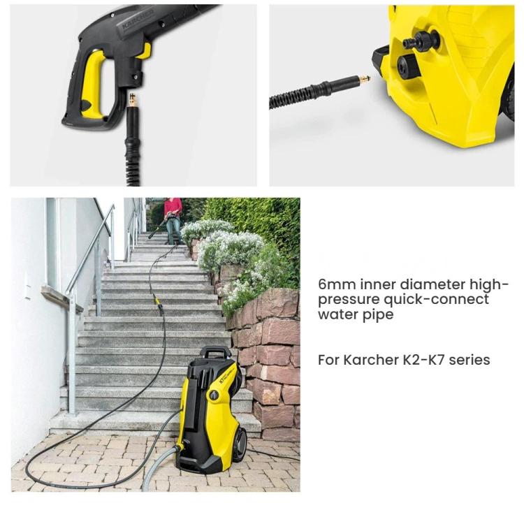 Yellow pressure washer with black hose and copper quick-connect water line.