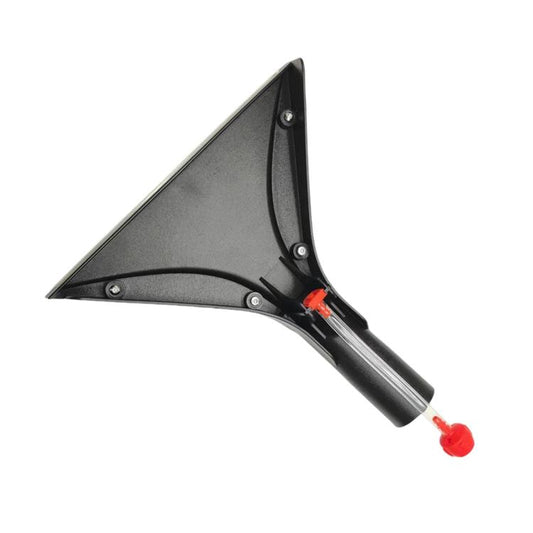 Triangular carpet brush head with black bristles and red nozzle cap on tube