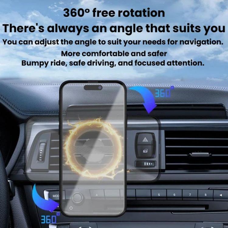 Black magnetic car mount ring with phone holder, mounted on dashboard vent