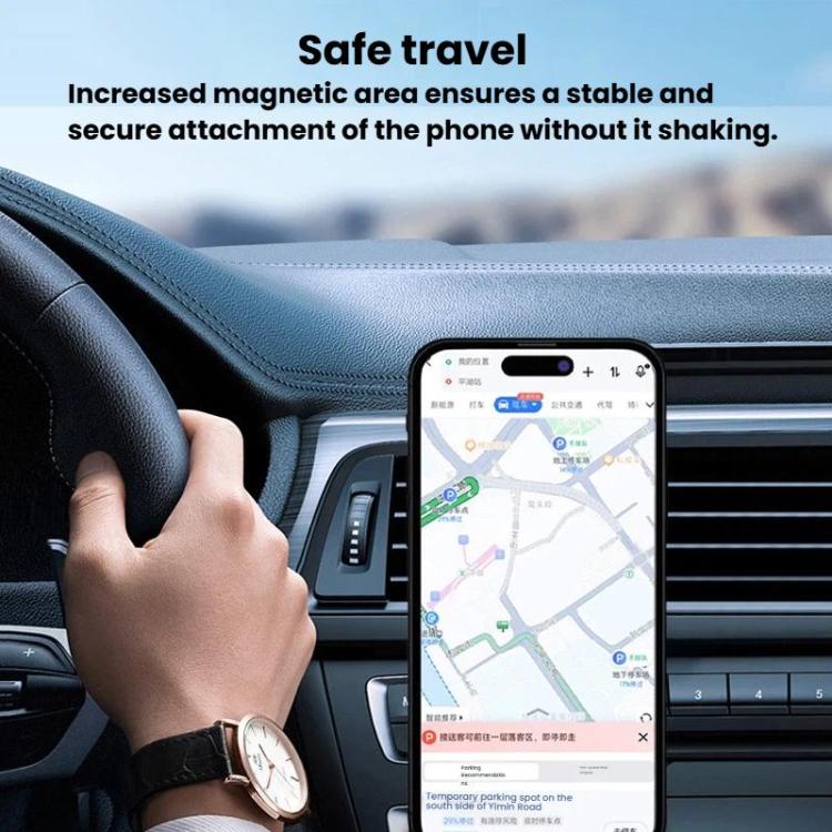 Black magnetic car mount holding a smartphone on dashboard vent