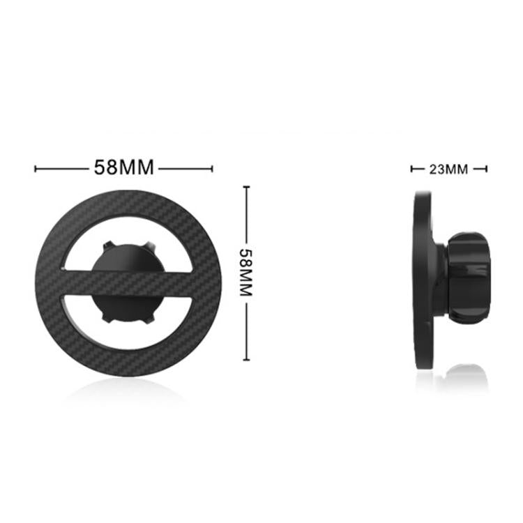 Carbon-fiber magnetic car mount ring shown with front and side dimensions