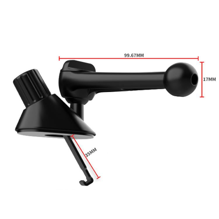 Black car air-vent phone mount with vent clip base and size diagram in mm