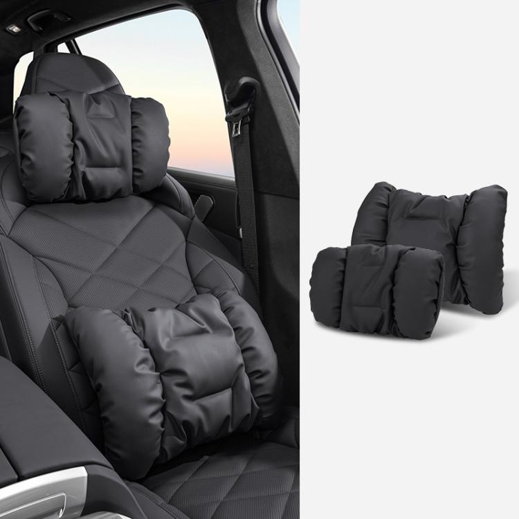 Two-piece car headrest and lumbar cushion set, dark gray padded