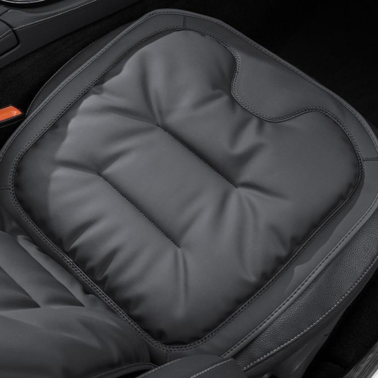 Car seat cushion pad, dark gray quilted surface with stitched border and rounded corners