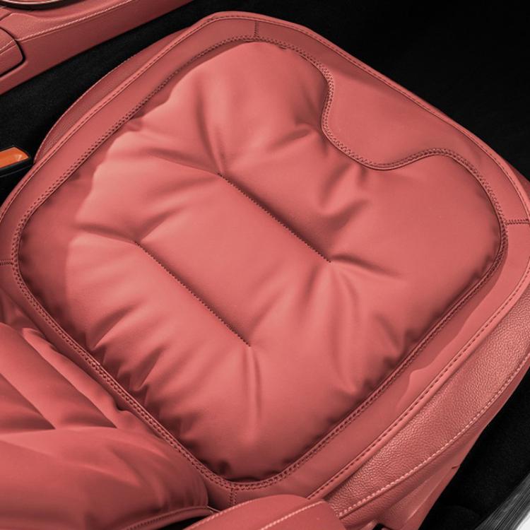 Car seat cushion pad, red quilted surface with stitched border and rounded corner shape