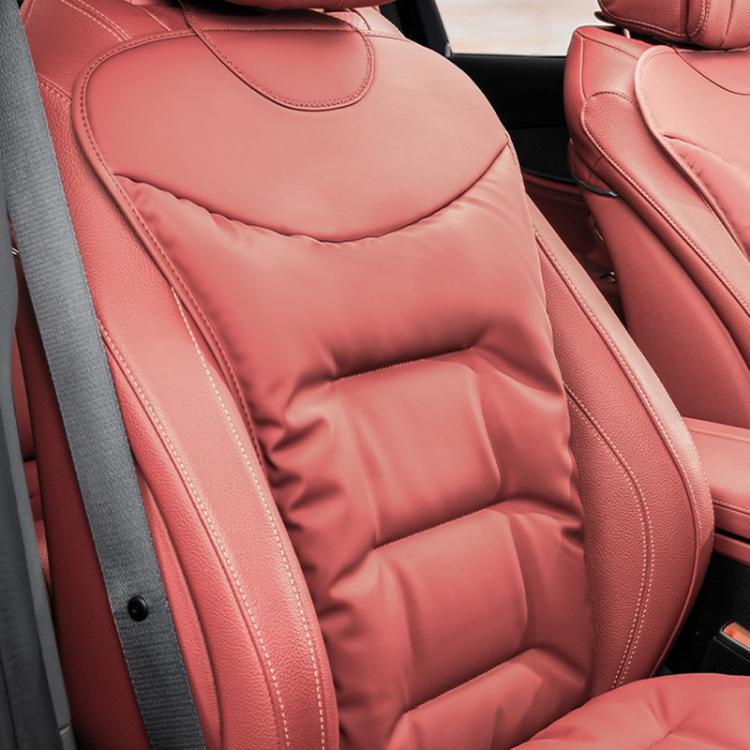 Car seat cushion pad, red quilted surface with stitched seams and padded contours