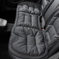 Car seat cushion pad, dark gray quilted cushion with stitched border and curved strap areas