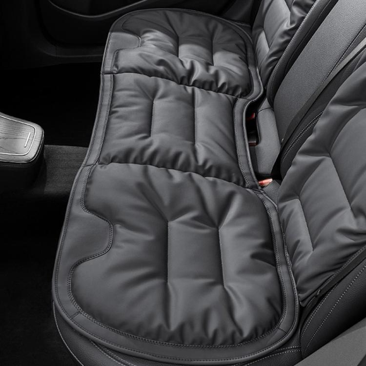 Car seat cushion pad, dark gray quilted cushion with stitched border and curved strap areas
