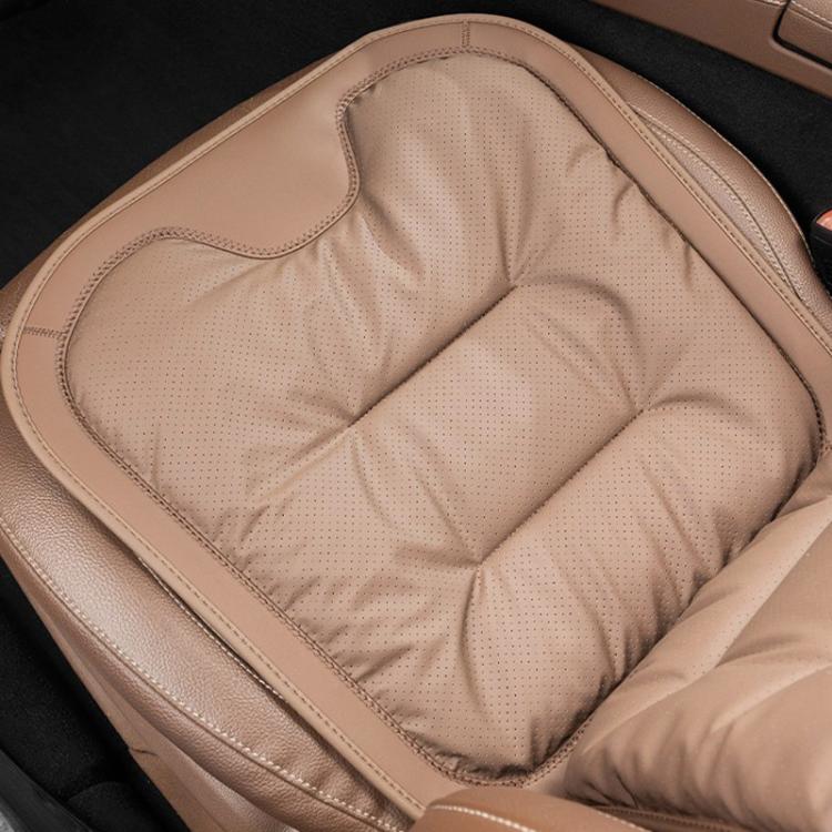 Thick quilted car seat cushion, tan with perforated texture and stitched bolstered edges