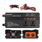 Black car power inverter showing digital readout, USB ports, and dual orange AC sockets