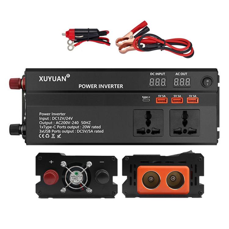 Car power inverter with AC outlets, USB ports, and included battery clamp power leads