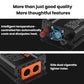 Car power inverter with cooling fan vents, temperature control area, and side orange sockets
