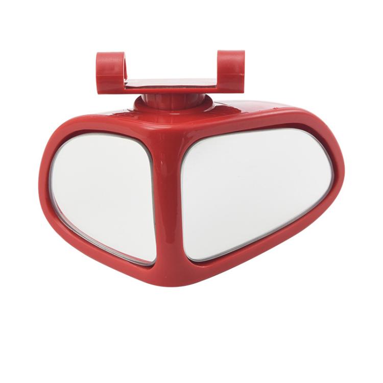 Red blind spot assist mirror with dual-oval reflectors and top pivot mount