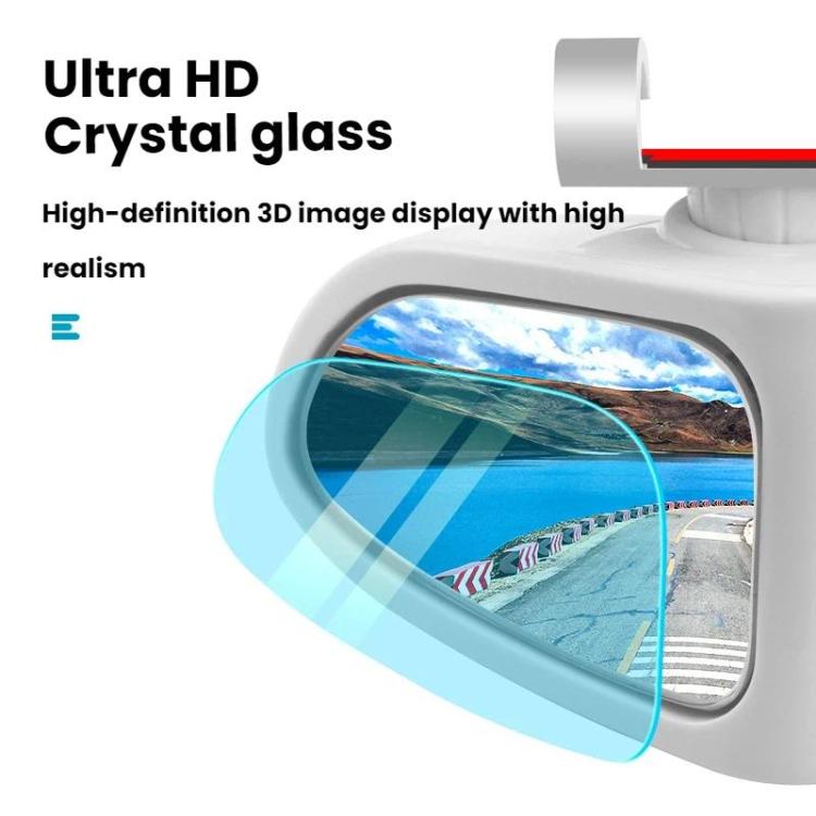 White blind spot assist mirror showing a blue road view in the wide-angle lens