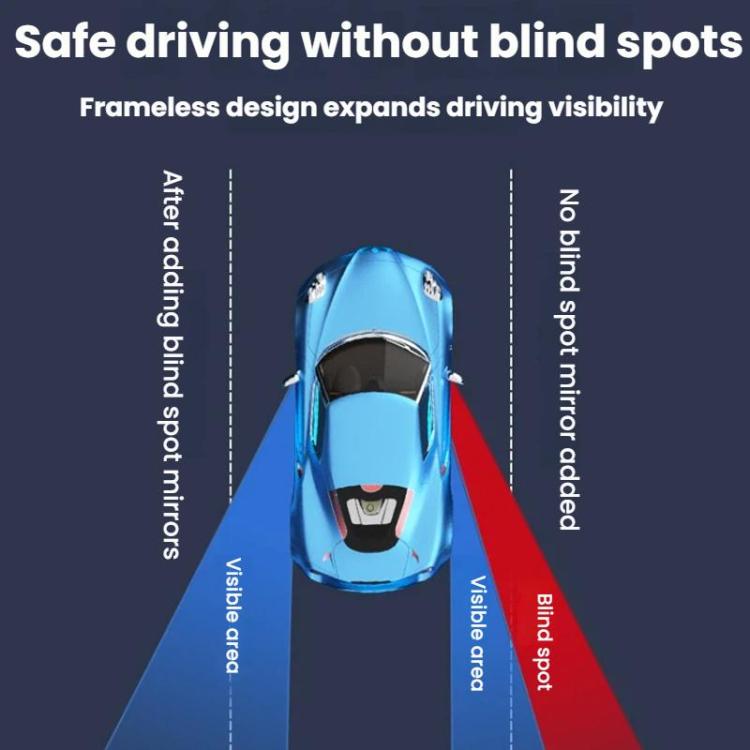 Frameless blind spot assist mirror visibility diagram on a car view