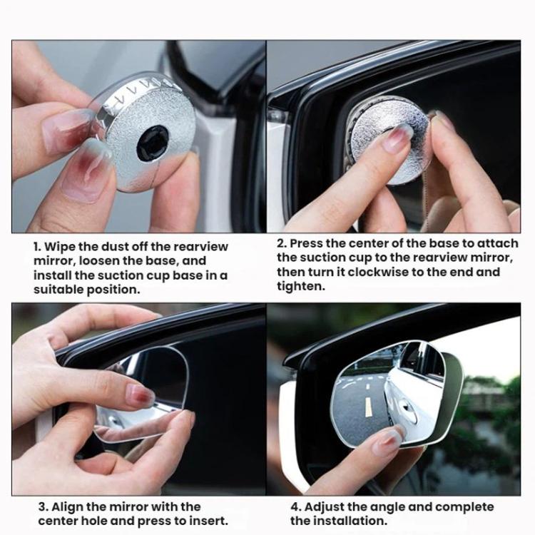 Suction cup blind spot assist mirror installation, hands attaching and adjusting
