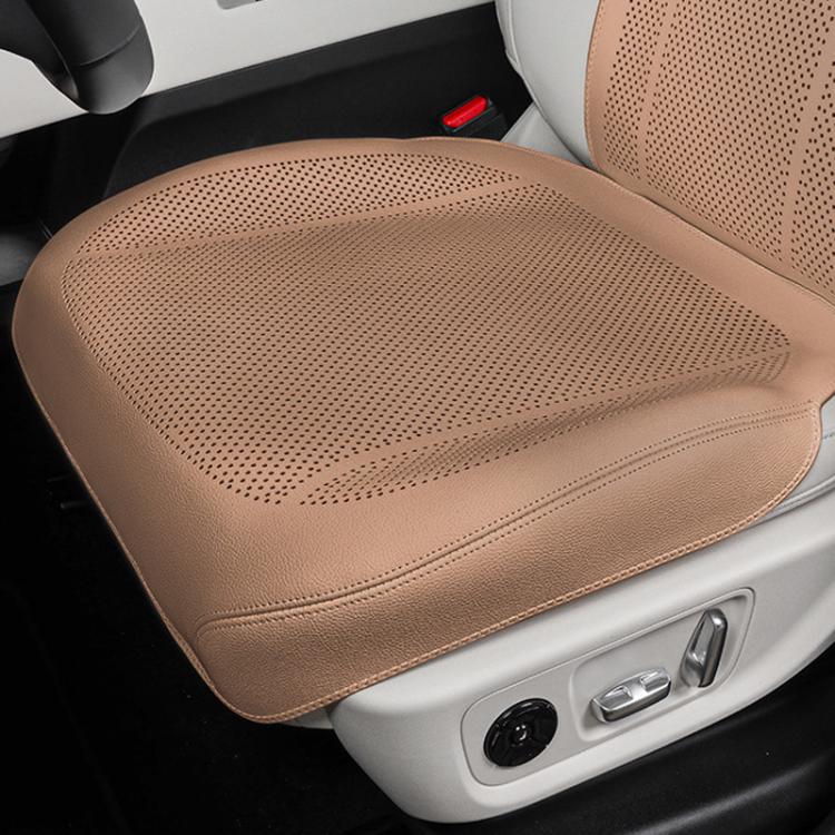Brown perforated front car seat cushion with breathable ventilation holes.