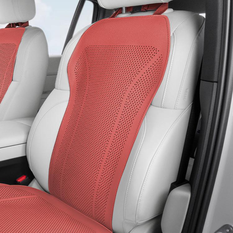 Red perforated backrest car seat cushion cover with breathable ventilation holes.