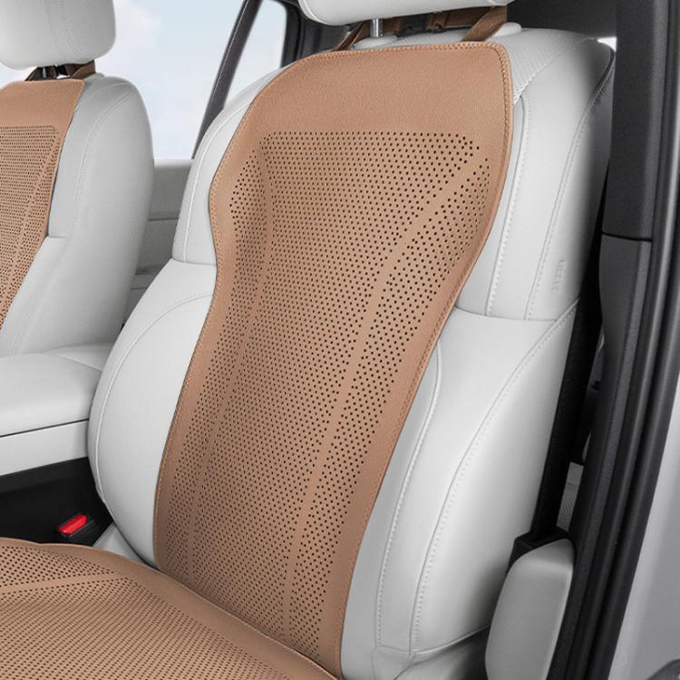 Brown perforated backrest car seat cushion cover with breathable ventilation holes.