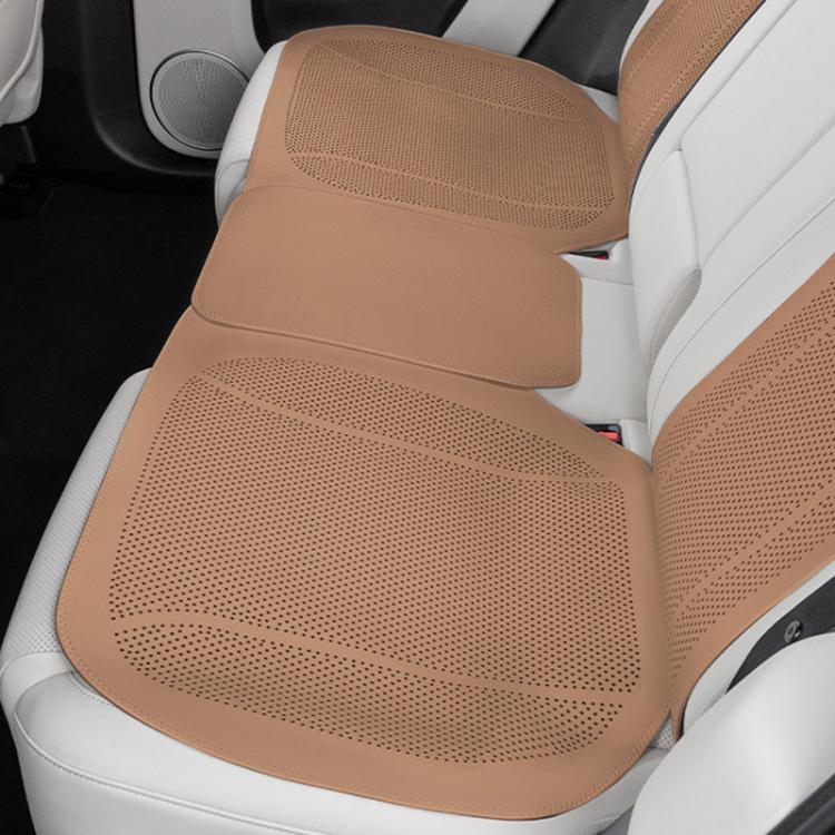Brown rear car seat cushion set with perforated breathable seat and backrest covers.