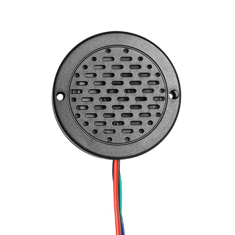Round metal voice prompt speaker module with red and green wire leads