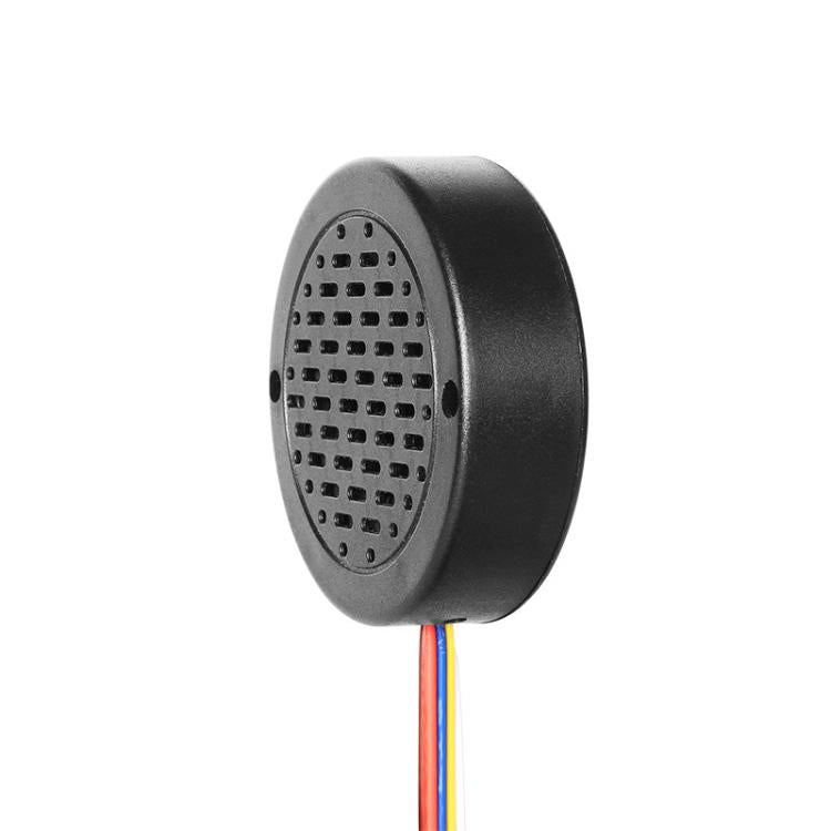 Round speaker module rear view with black housing and multi-color wire leads