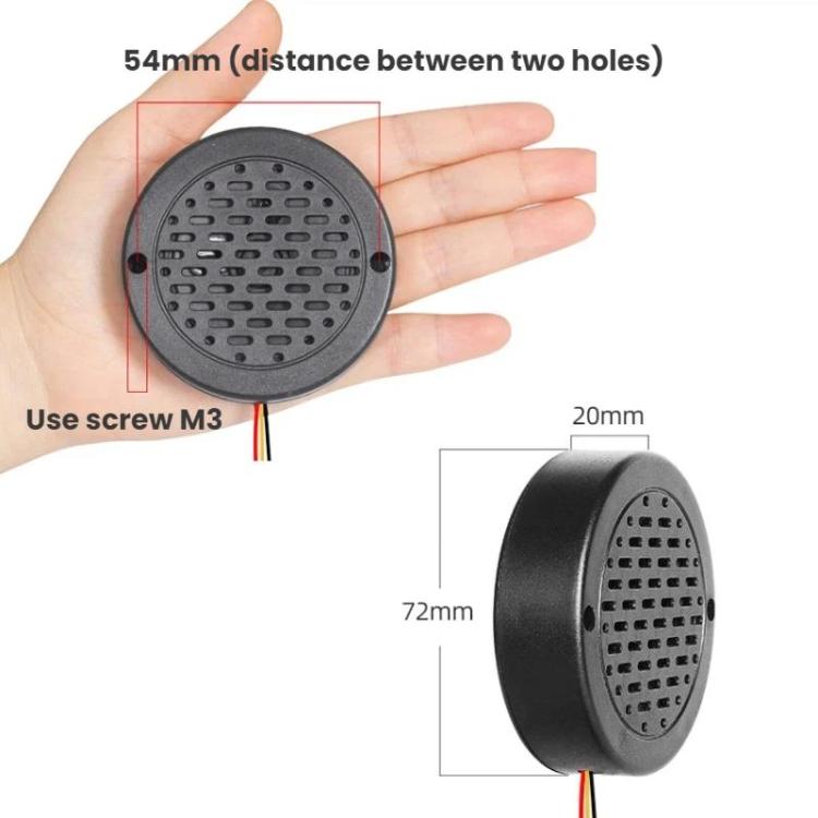 Round speaker module with mounting holes and cable lead, sized for easy fitting