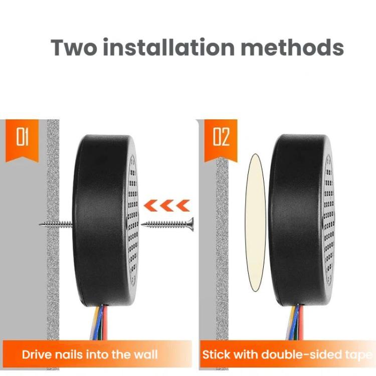 Round speaker module showing two installation methods: nails or double-sided tape