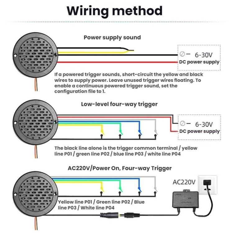 Wiring diagram for voice prompt speaker with DC 6–30V and AC 220V connections