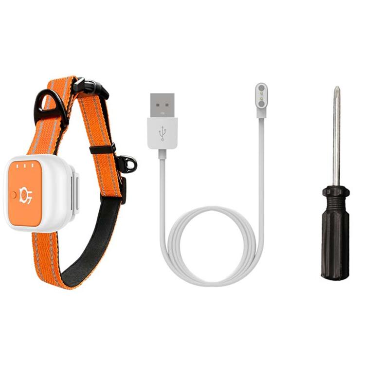 GPS pet locator collar with orange strap, charging cable, and charging accessories