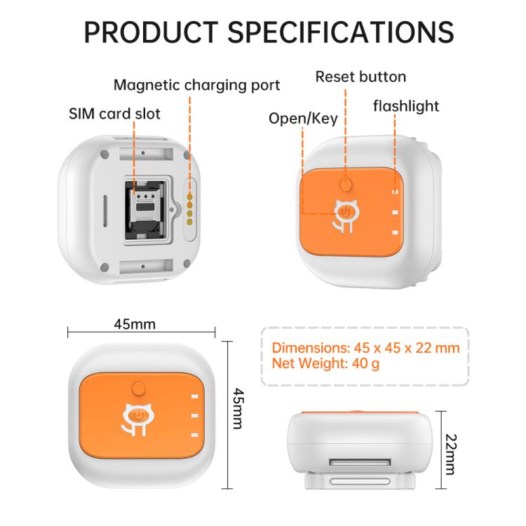 White and orange GPS pet locator collar device with magnetic charging port and buttons