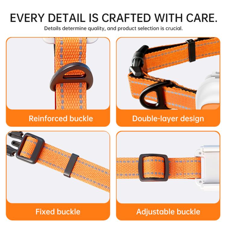 Orange webbing pet collar with reinforced and adjustable buckle details