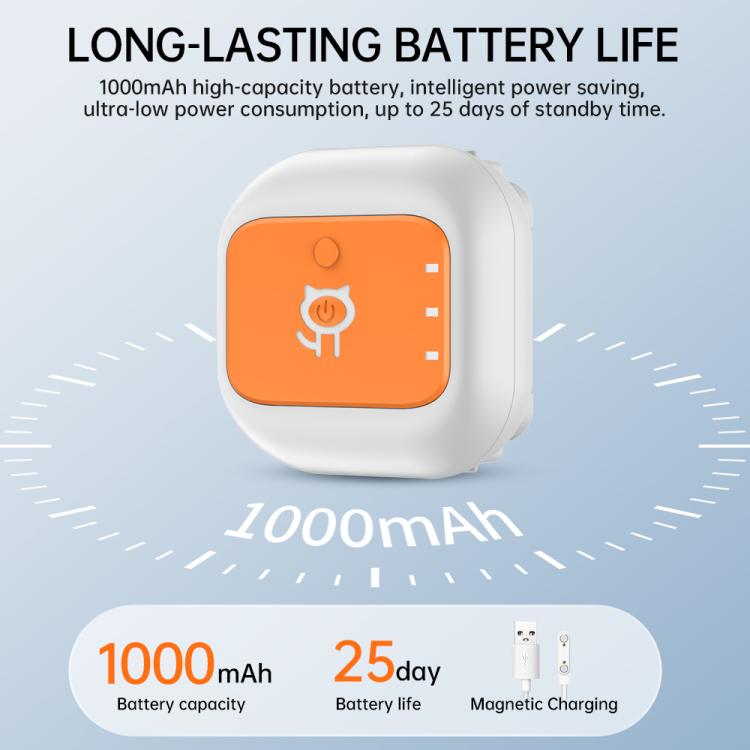 White and orange GPS pet locator collar device with power and battery capacity graphic