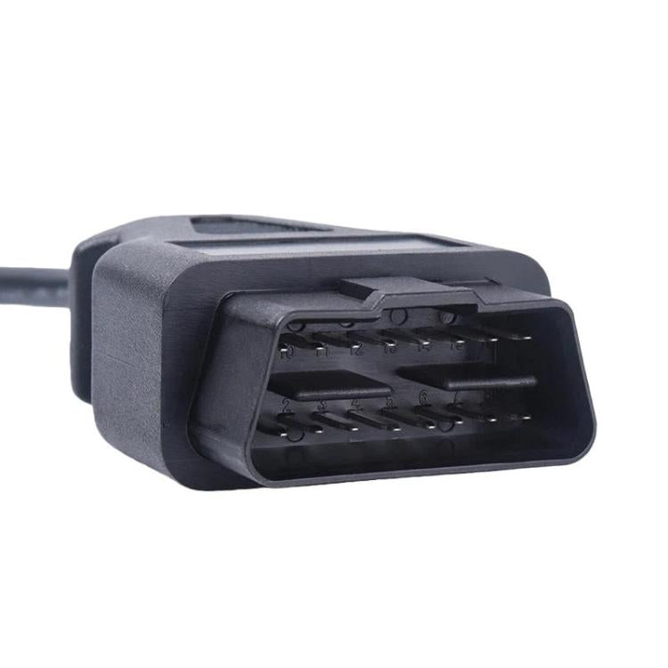OBD2 diagnostic plug with protective black housing and exposed connector pins