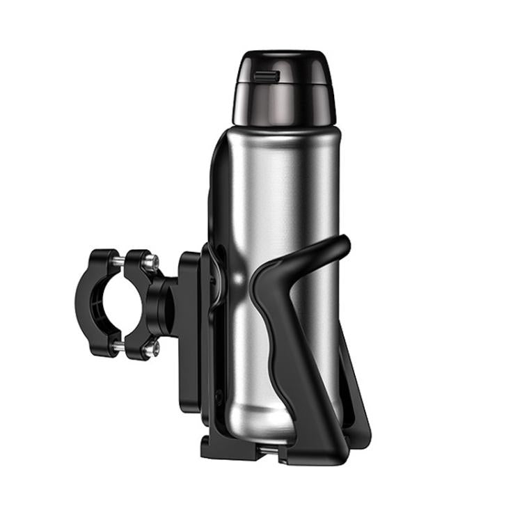 Silver and black bottle holder with adjustable metal clamp for bicycle