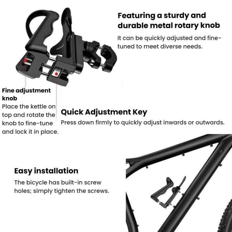 Adjustable bike drink holder showing clamp and installation hardware on frame