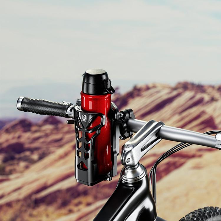 Black bottle cage with LED-lit holder on a bicycle frame near a bottle