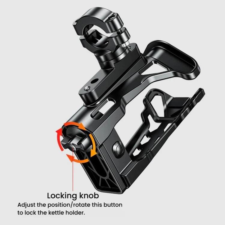 Black bottle cage with locking knob for rotating and securing the cup holder
