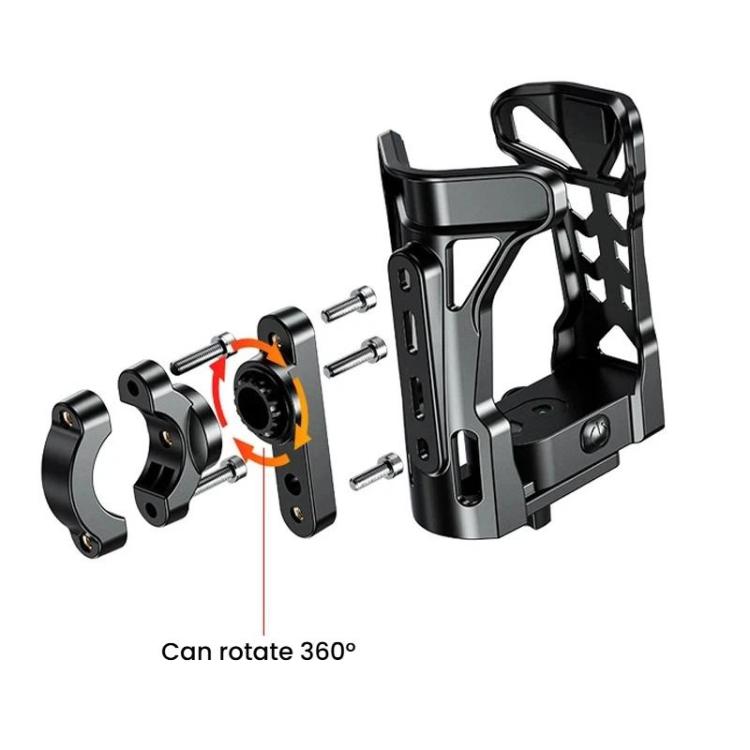 Black bicycle bottle cage with 360° rotating clamp arms for bottle storage