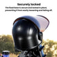 Securely locked black bike phone mount with sun visor shade on a helmet-style base