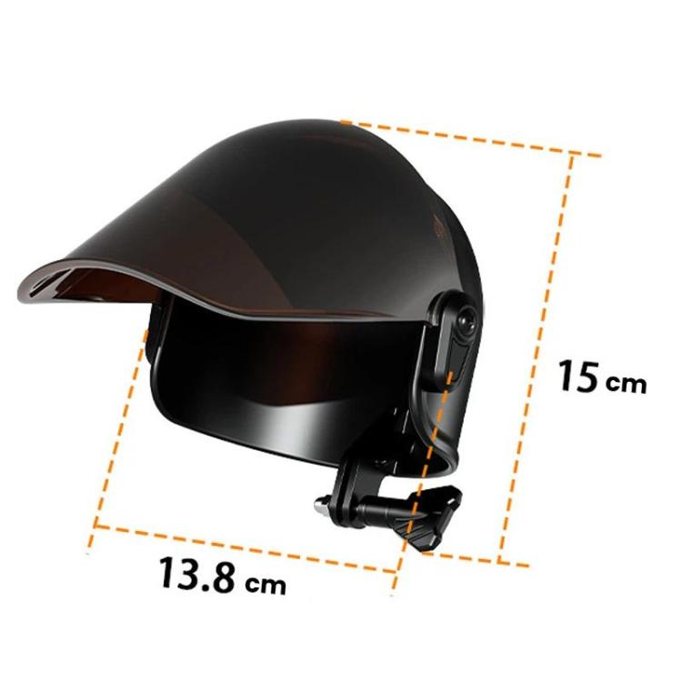Black bike phone mount with sun visor showing 13.8 cm by 15 cm dimensions