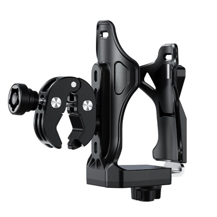 Quick-release bike bottle cage mount with black clamp and base stand