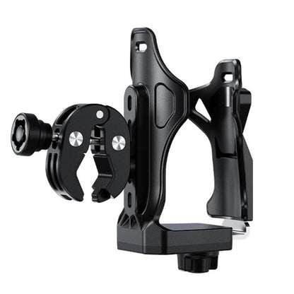 Quick-release bike bottle cage mount with black clamp and base stand